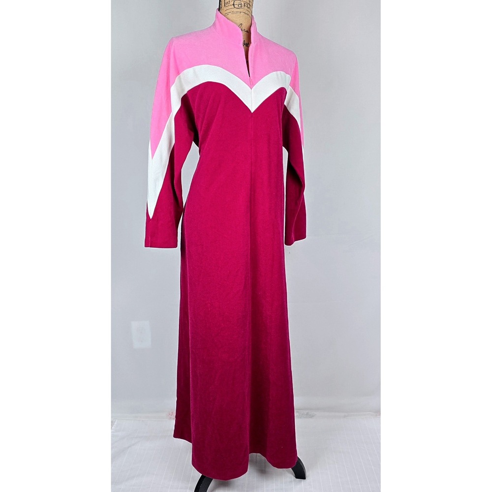 Vintage Vanity Fair Pink Colorblock Chevron Velour Robe‎ Long Caftan Zip Front M